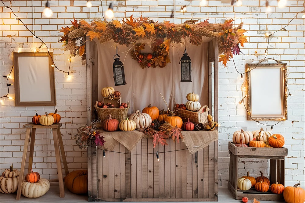 Autumn Pumpkin Shop White Brick Backdrop UK BRP7-146