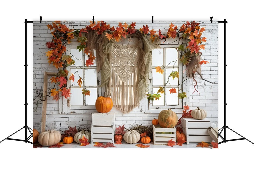 Autumn White Tapestry Leaf Window Backdrop UK BRP7-153