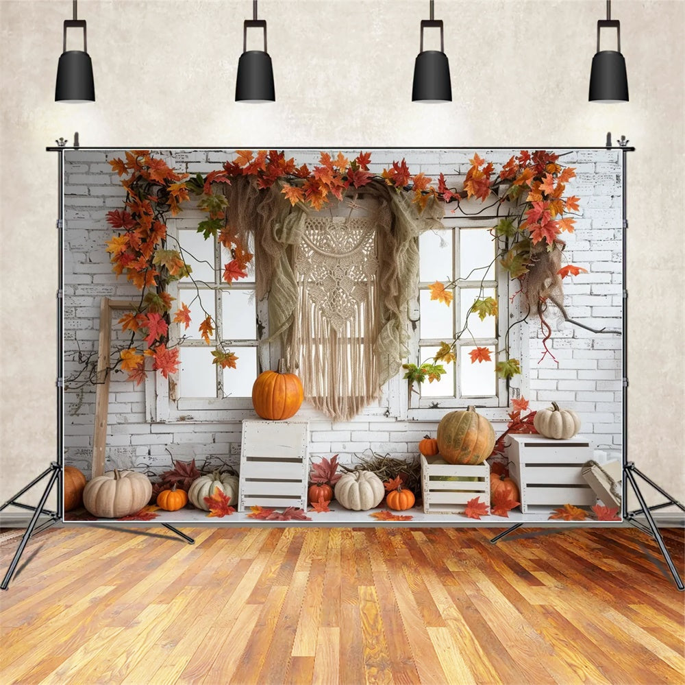 Autumn White Tapestry Leaf Window Backdrop UK BRP7-153