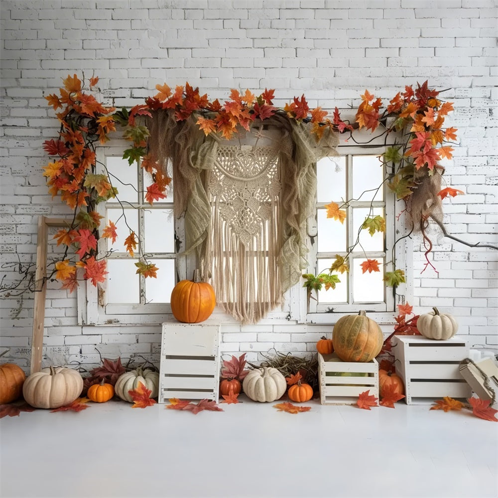 Autumn White Tapestry Leaf Window Backdrop UK BRP7-153