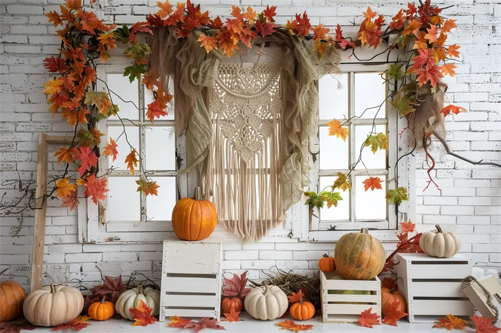 Autumn White Tapestry Leaf Window Backdrop UK BRP7-153