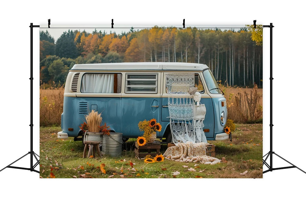 Autumn Forest Blue Bus with Sunflowers Backdrop UK BRP7-155