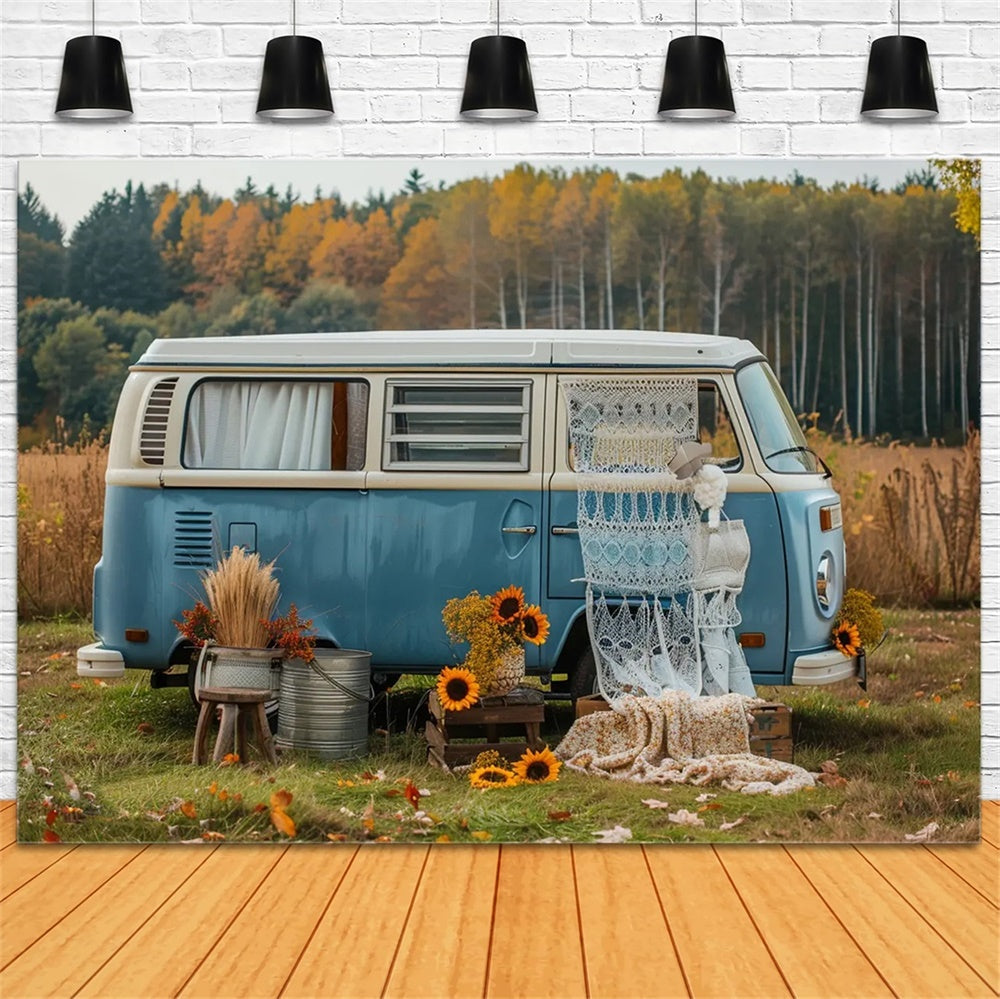 Autumn Forest Blue Bus with Sunflowers Backdrop UK BRP7-155