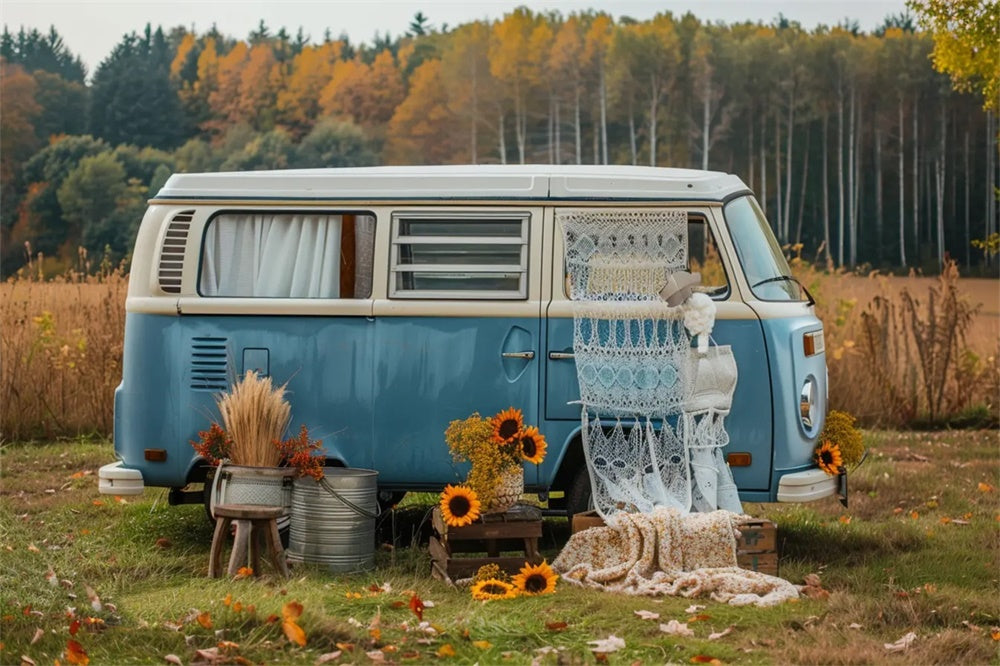 Autumn Forest Blue Bus with Sunflowers Backdrop UK BRP7-155