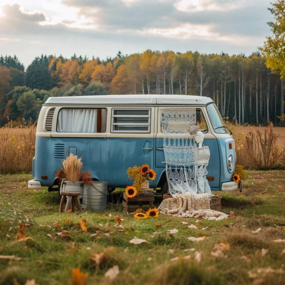 Autumn Forest Blue Bus with Sunflowers Backdrop UK BRP7-155