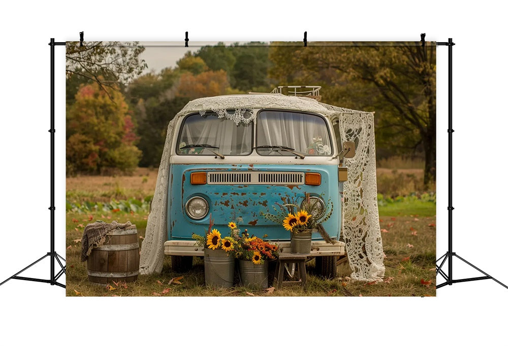 Autumn Sunflower Blue White Bus Backdrop UK BRP7-156