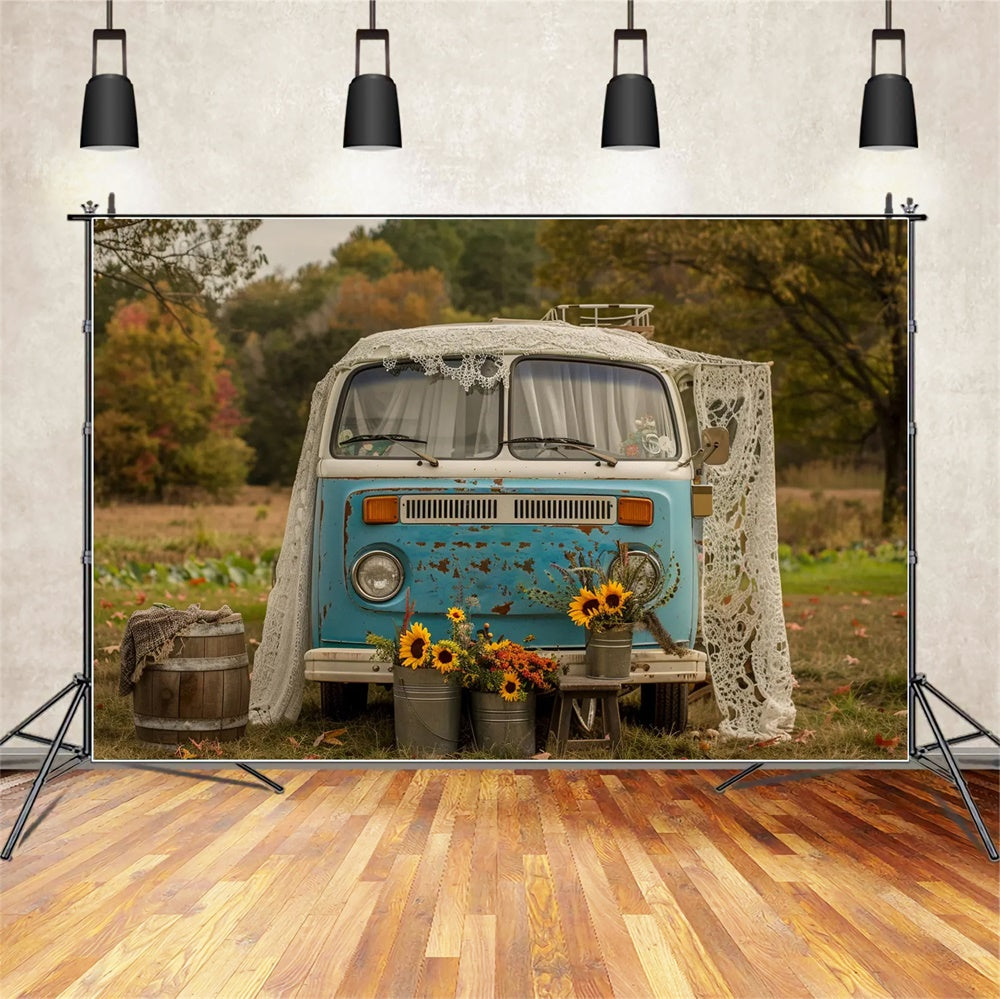 Autumn Sunflower Blue White Bus Backdrop UK BRP7-156