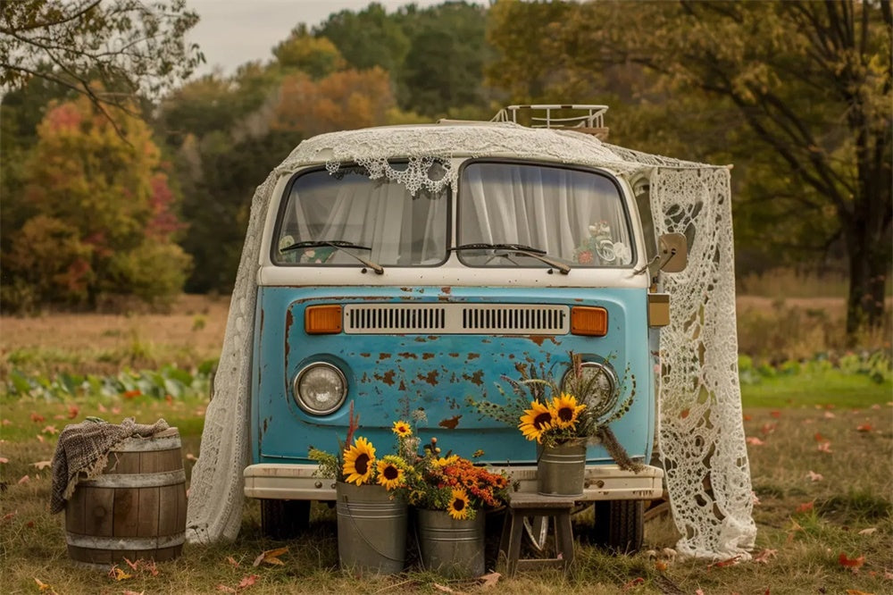 Autumn Sunflower Blue White Bus Backdrop UK BRP7-156