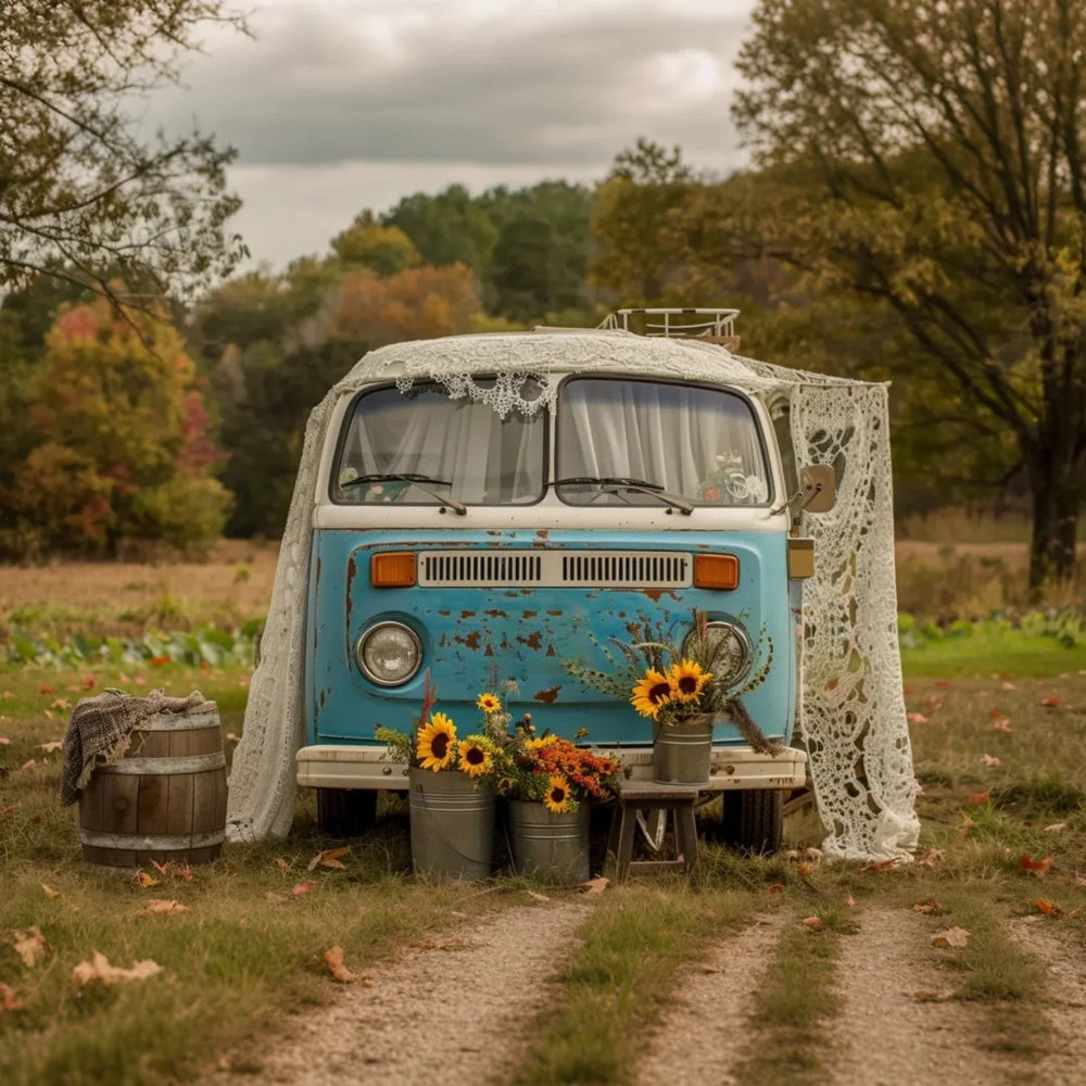 Autumn Sunflower Blue White Bus Backdrop UK BRP7-156