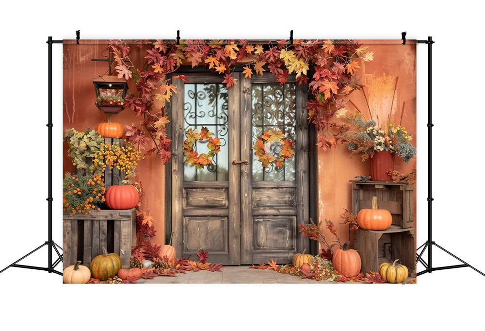 Autumn Orange Wall with Leaves Pumpkin Backdrop UK BRP7-157