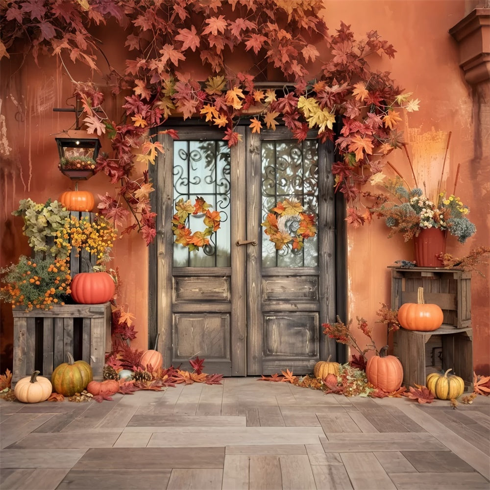 Autumn Orange Wall with Leaves Pumpkin Backdrop UK BRP7-157