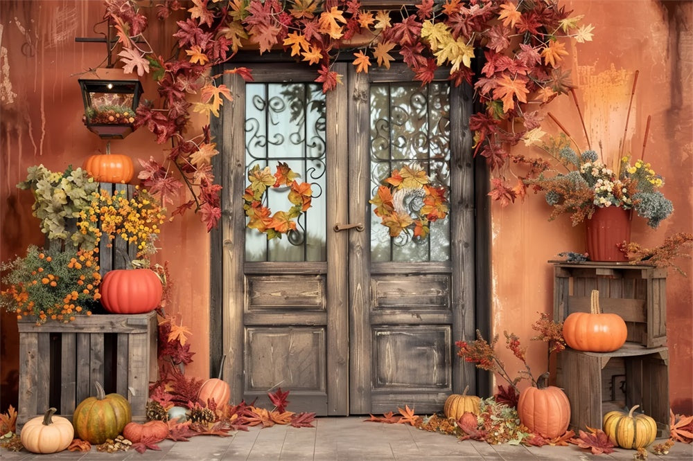 Autumn Orange Wall with Leaves Pumpkin Backdrop UK BRP7-157