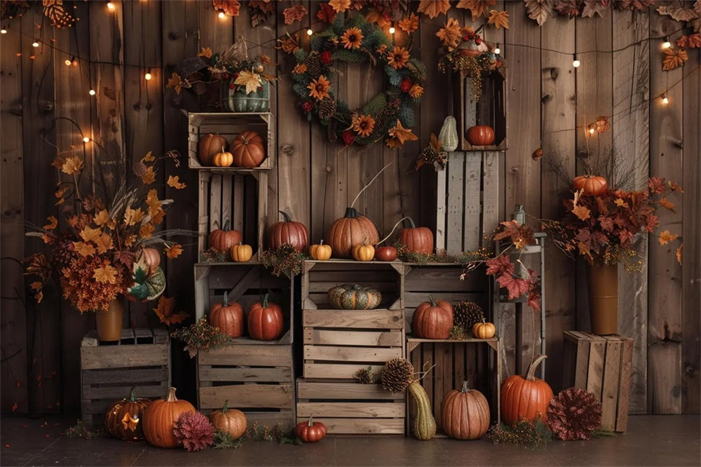 Autumn Dark Brown Wood Pumpkin Leaf Backdrop UK BRP7-160