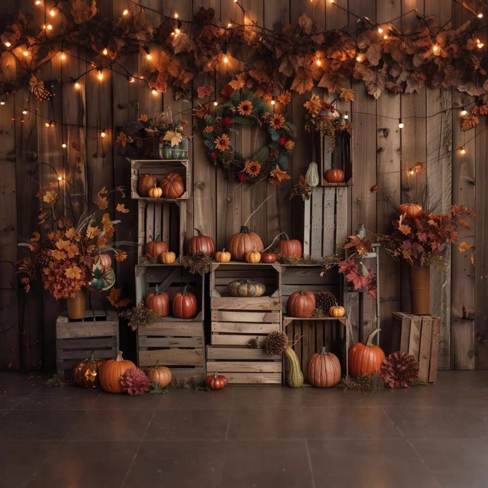 Autumn Dark Brown Wood Pumpkin Leaf Backdrop UK BRP7-160