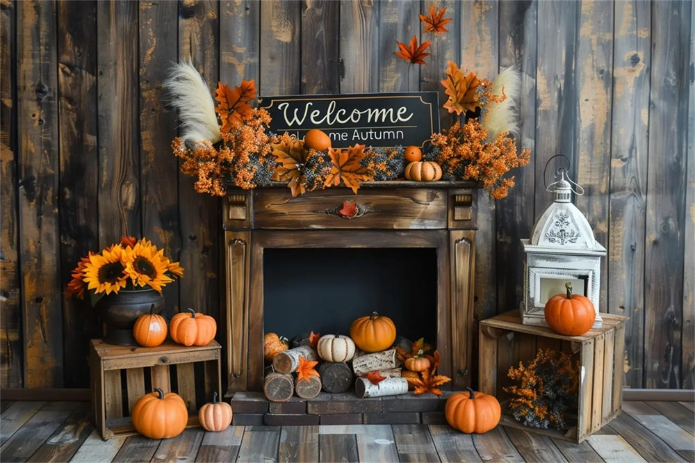 Welcome Autumn Pumpkins Wood Sunflowers Backdrop UK BRP7-162