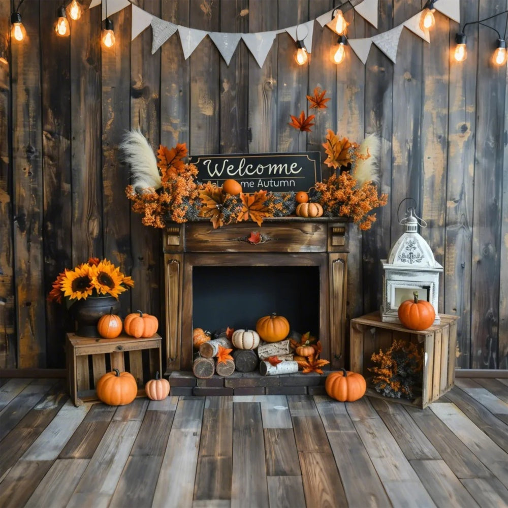 Welcome Autumn Pumpkins Wood Sunflowers Backdrop UK BRP7-162