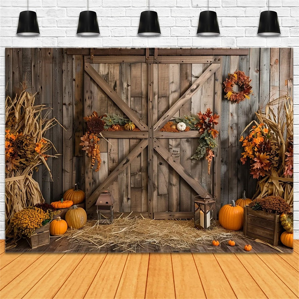 Autumn Pumpkin Brown Wooden Barn Door Backdrop UK BRP7-164