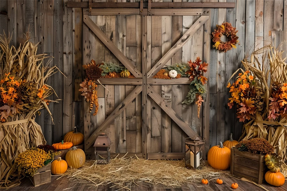 Autumn Pumpkin Brown Wooden Barn Door Backdrop UK BRP7-164