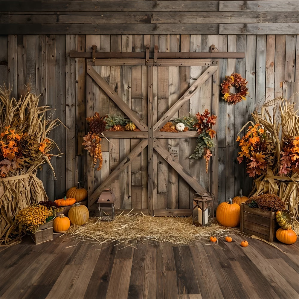 Autumn Pumpkin Brown Wooden Barn Door Backdrop UK BRP7-164