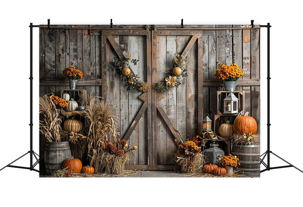 Autumn Brown Wooden Door Straw Pumpkin Backdrop UK BRP7-165