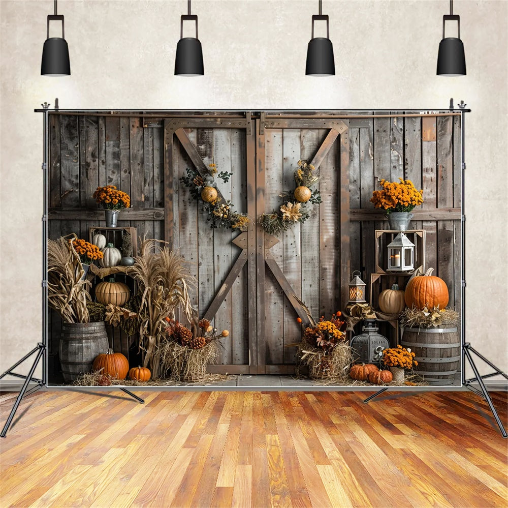 Autumn Brown Wooden Door Straw Pumpkin Backdrop UK BRP7-165