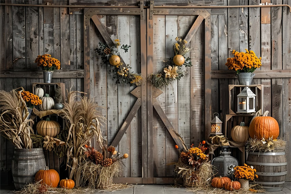 Autumn Brown Wooden Door Straw Pumpkin Backdrop UK BRP7-165