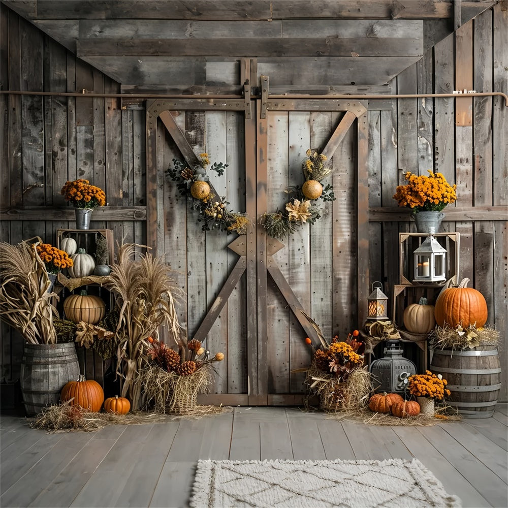 Autumn Brown Wooden Door Straw Pumpkin Backdrop UK BRP7-165