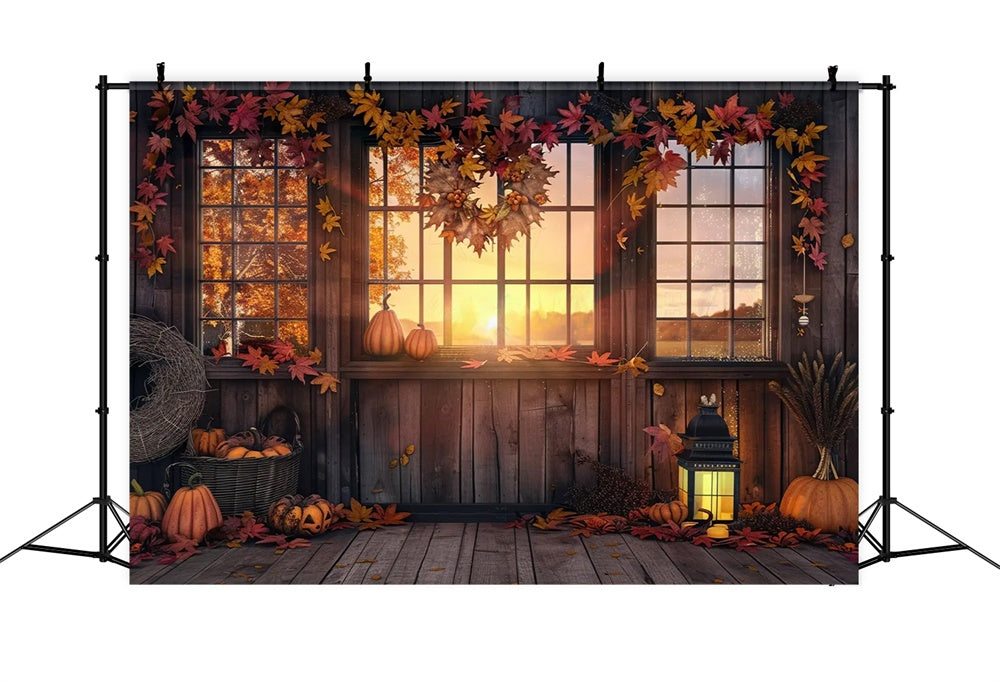 Autumn Sunset Farm Pumpkin House Leaves Backdrop UK BRP7-166