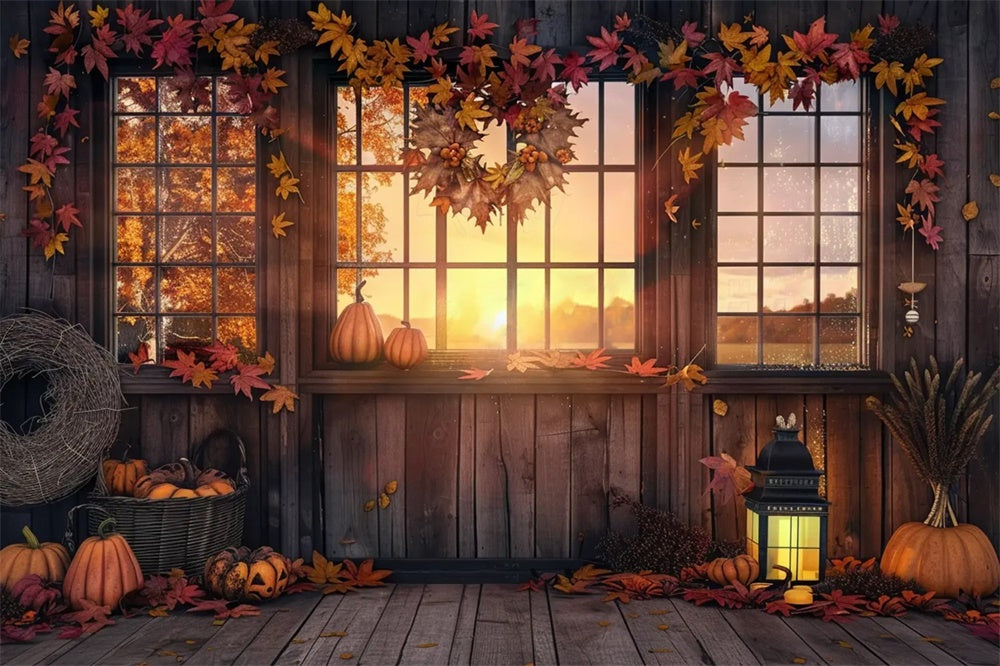 Autumn Sunset Farm Pumpkin House Leaves Backdrop UK BRP7-166