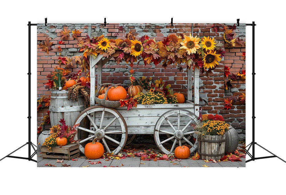 Autumn Pumpkin Stand Sunflower Brick Wall Backdrop UK BRP7-168