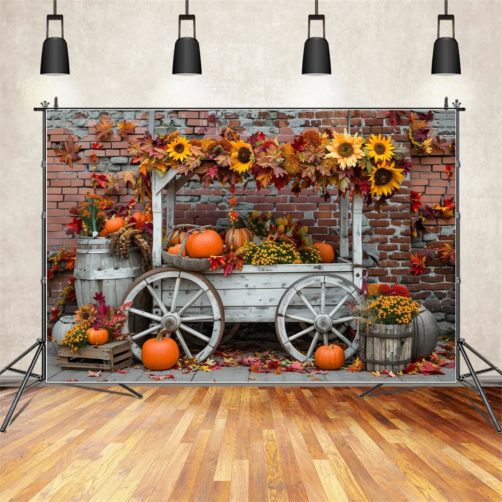 Autumn Pumpkin Stand Sunflower Brick Wall Backdrop UK BRP7-168