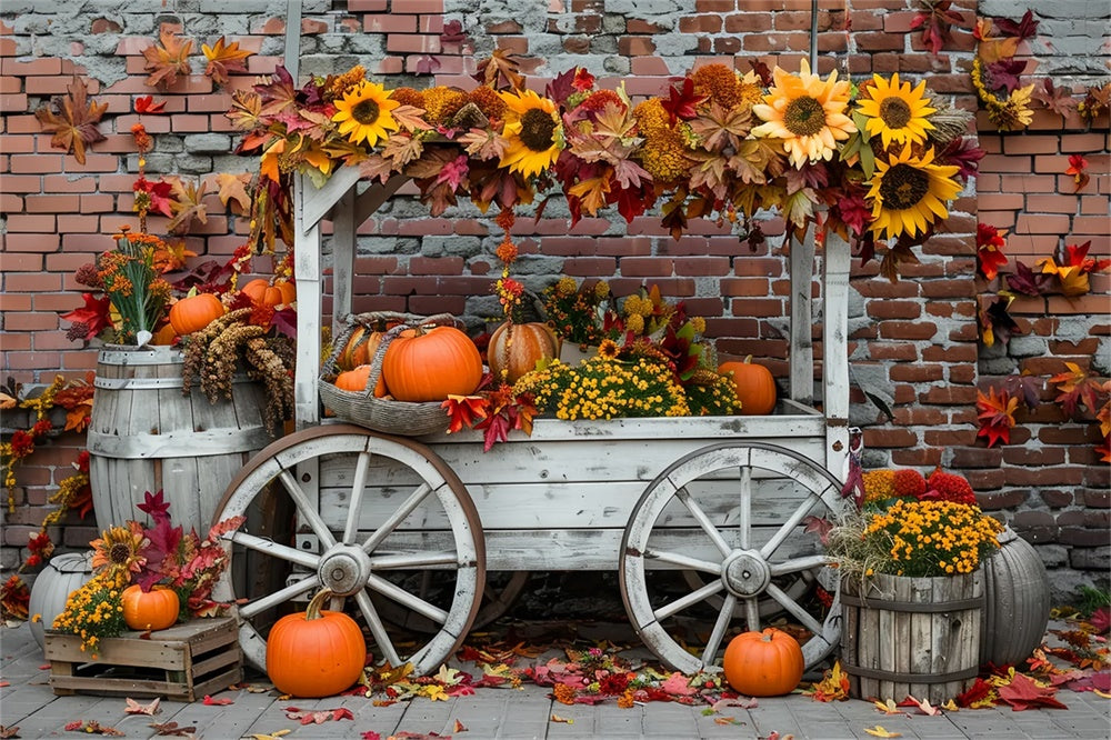 Autumn Pumpkin Stand Sunflower Brick Wall Backdrop UK BRP7-168