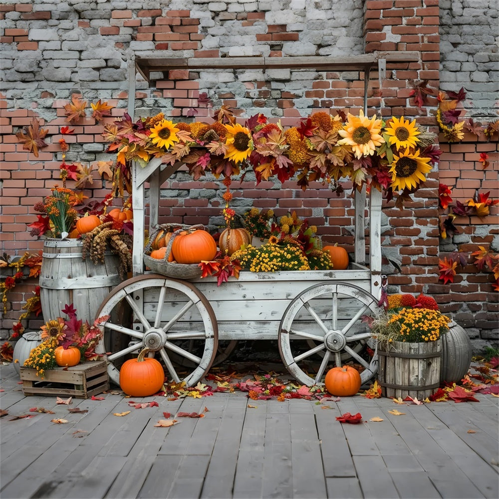 Autumn Pumpkin Stand Sunflower Brick Wall Backdrop UK BRP7-168