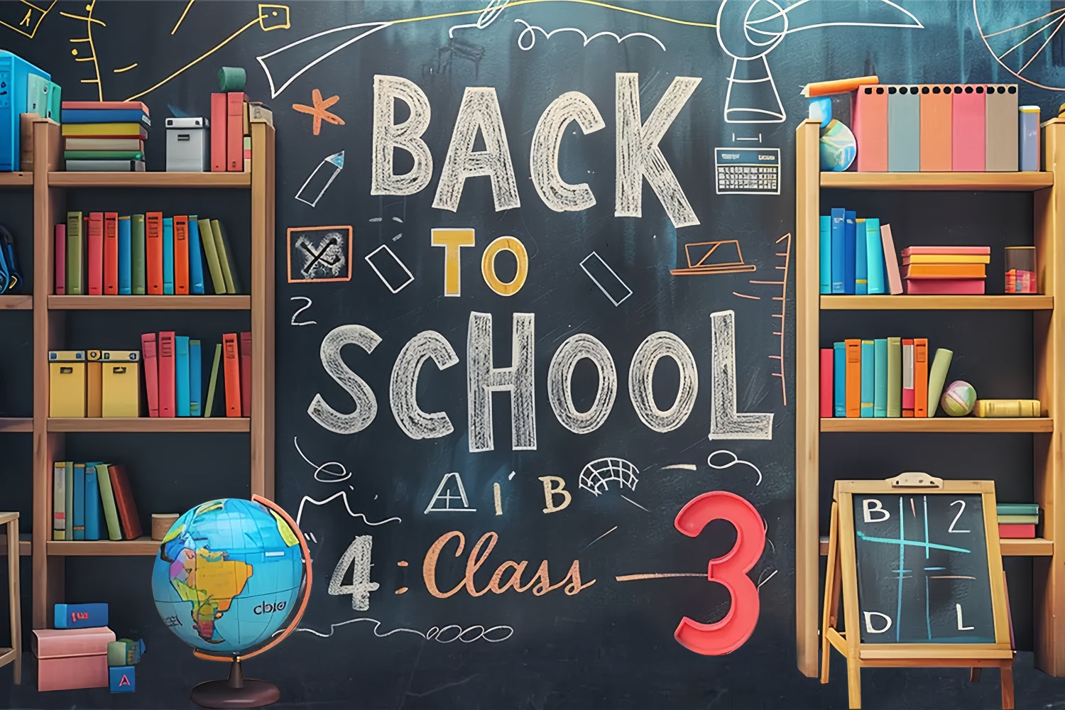 Back to School Bookshelf Blackboard Backdrop UK BRP7-177