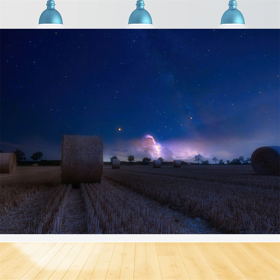 Nighttime Field Hay Bales Autumn Backdrop UK BRP7-207