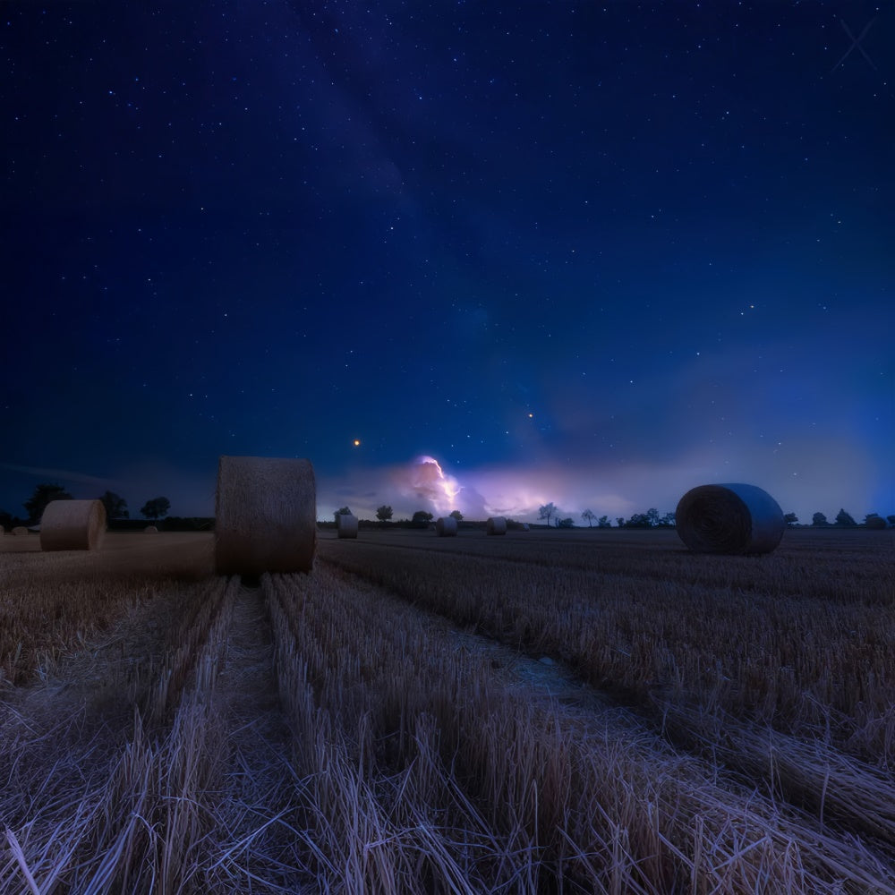 Nighttime Field Hay Bales Autumn Backdrop UK BRP7-207