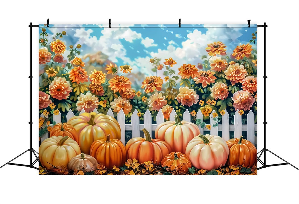 Bright Autumn Floral Fence  Pumpkins Backdrop UK BRP7-210