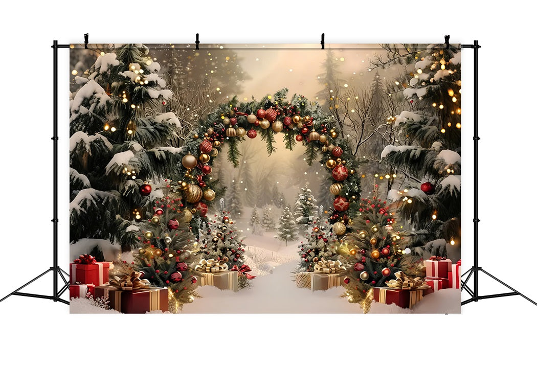 Snowy Christmas Arch with Presents Backdrop UK BRP7-220