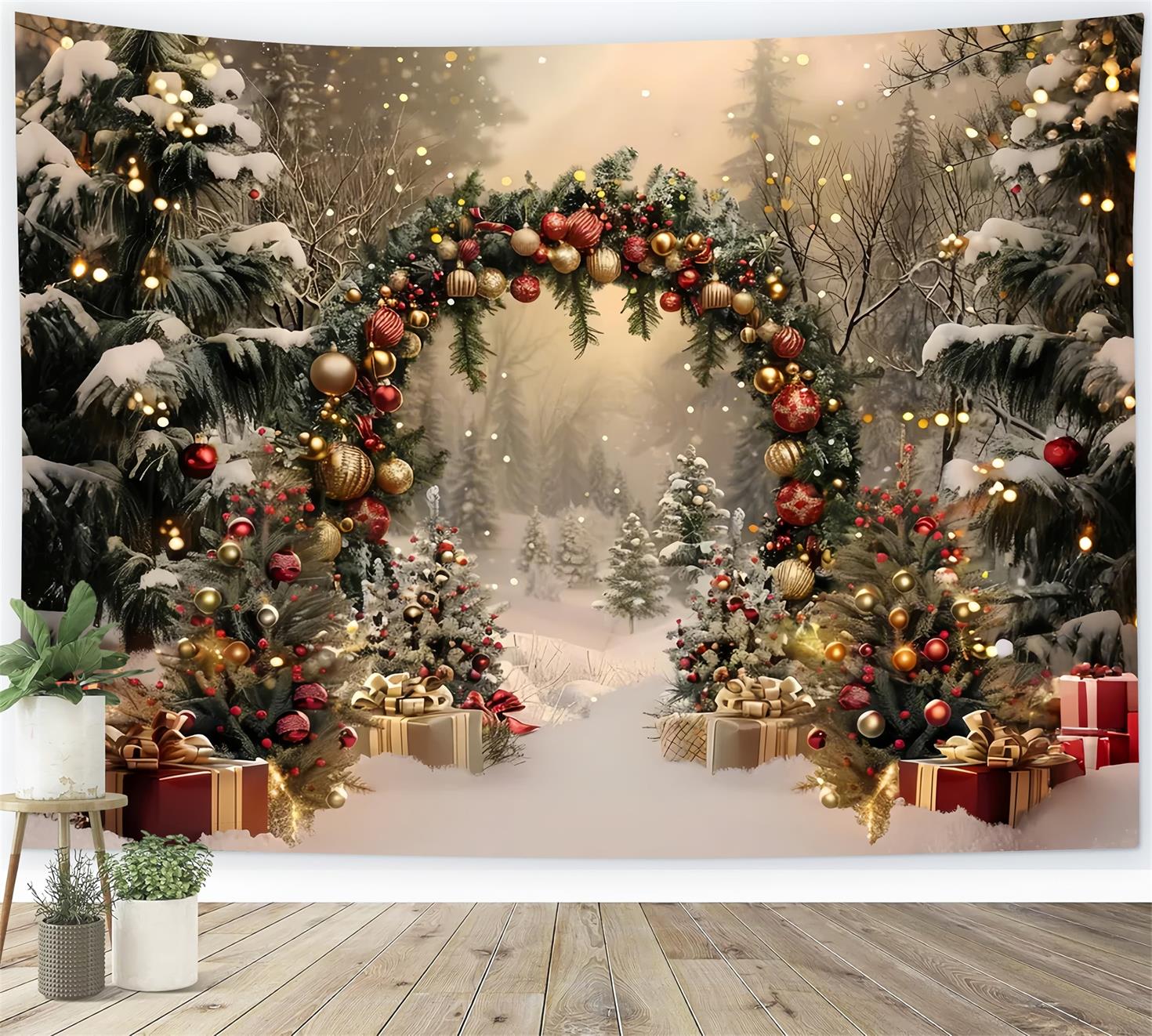 Snowy Christmas Arch with Presents Backdrop UK BRP7-220