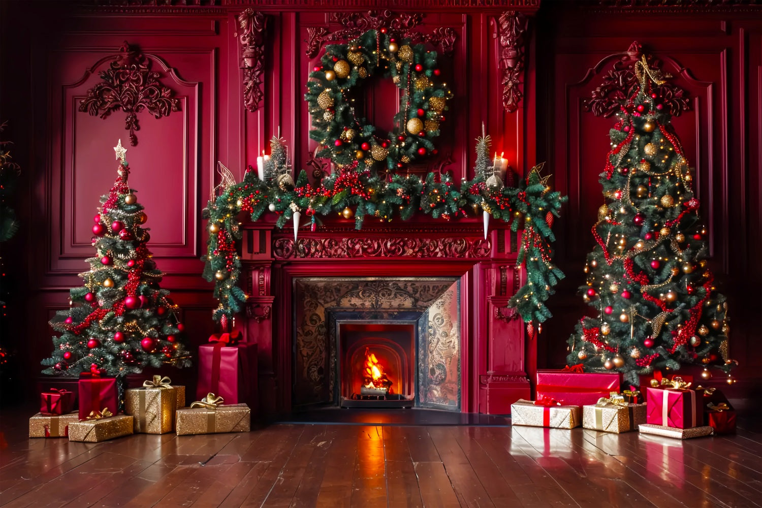 Christmas Red Elegant Fireplace Backdrop UK BRP7-221