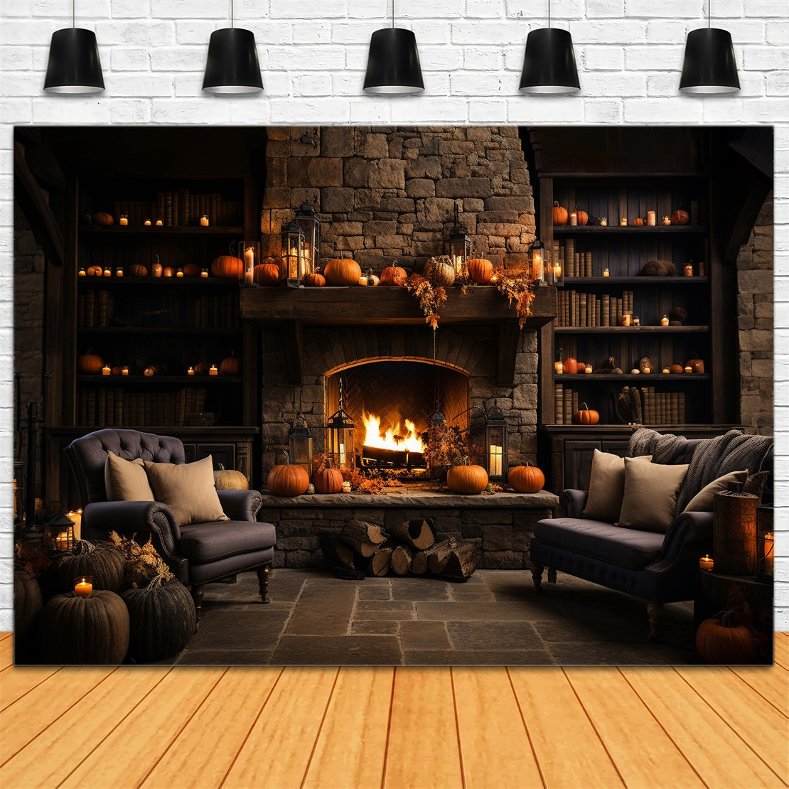 Autumn Pumpkin Room Fireplace Sofa Backdrop UK BRP7-65