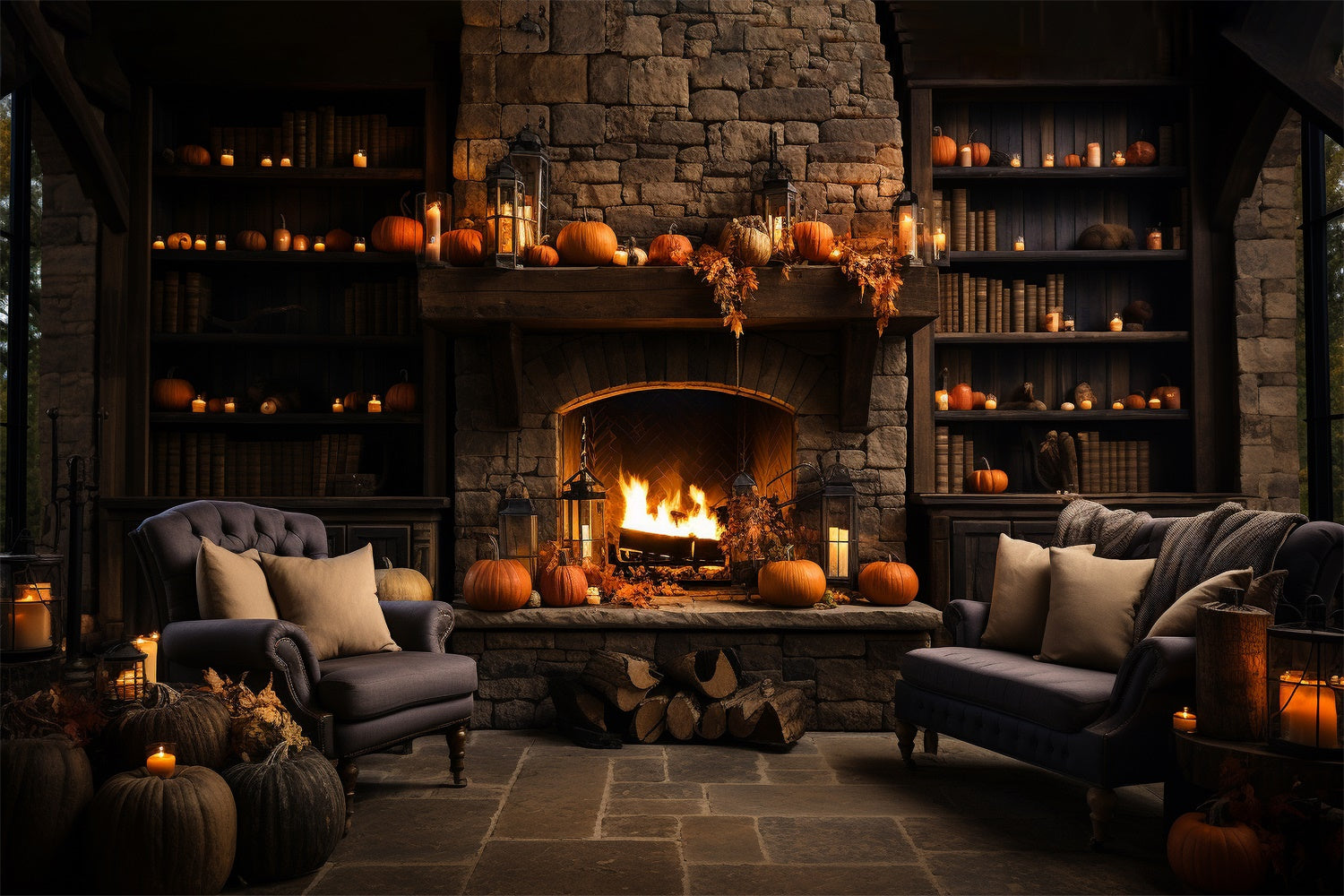 Autumn Pumpkin Room Fireplace Sofa Backdrop UK BRP7-65