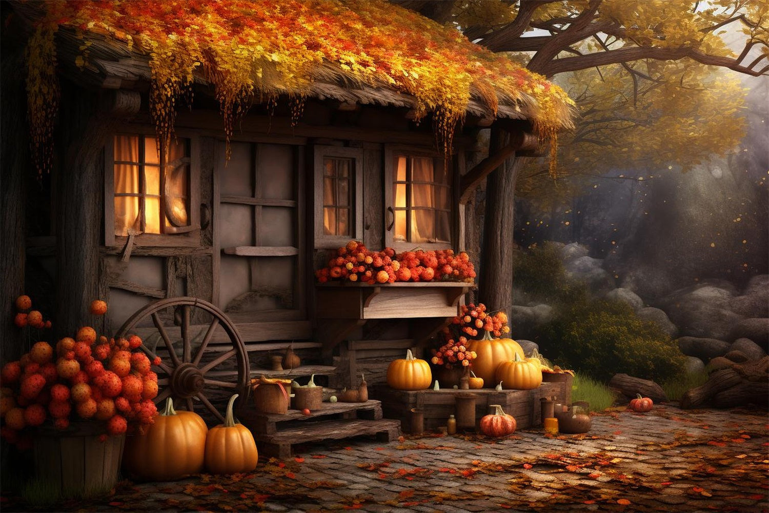 Autumn Old Pumpkin House Photography Backdrop UK BRP7-73