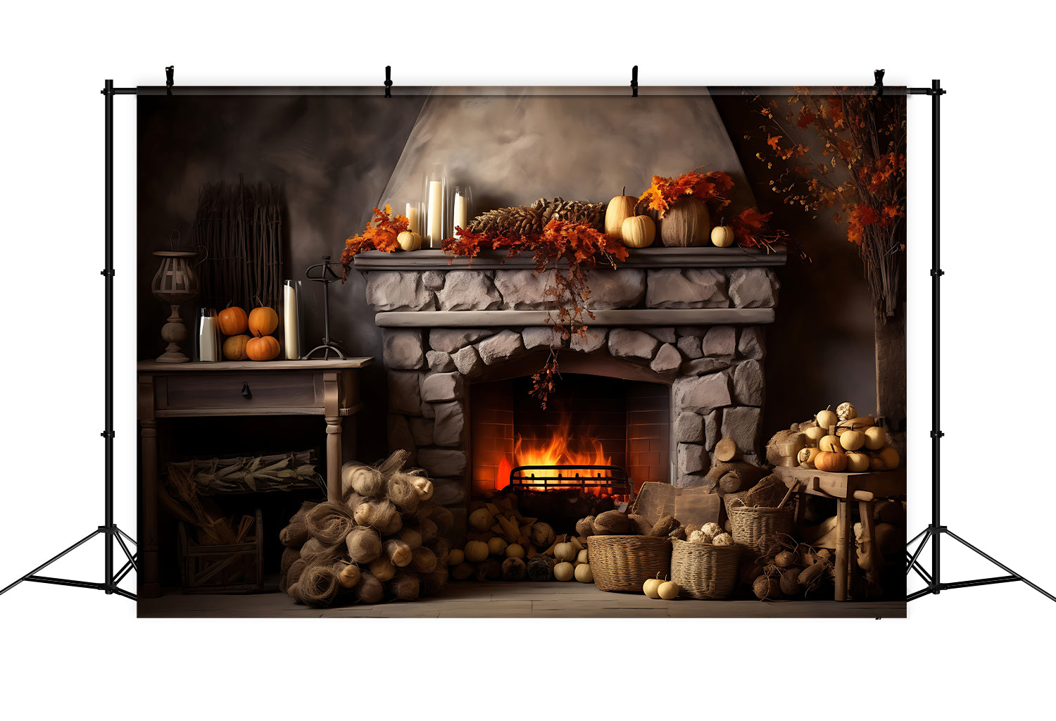 Autumn Fireplace Leaves Candles Backdrop UK BRP7-75