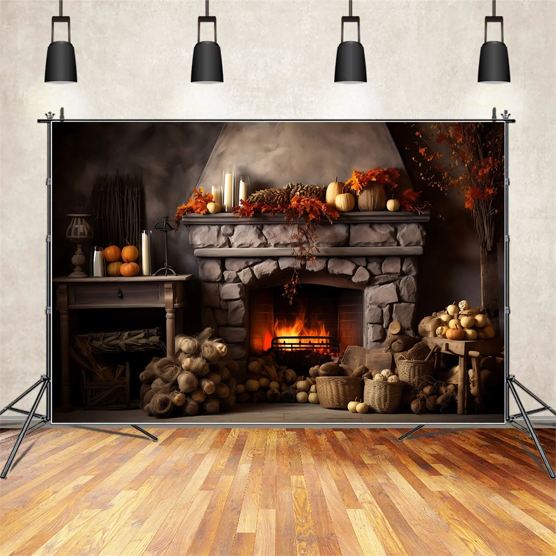 Autumn Fireplace Leaves Candles Backdrop UK BRP7-75