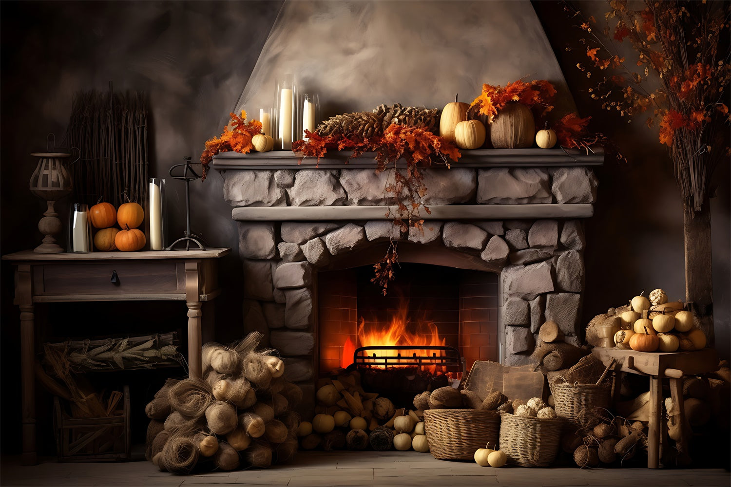 Autumn Fireplace Leaves Candles Backdrop UK BRP7-75