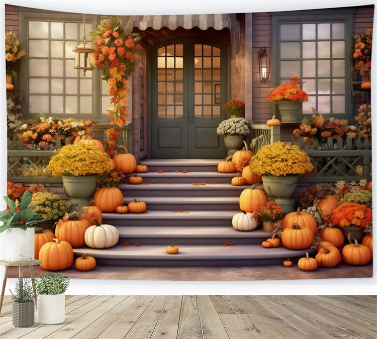 Autumn Pumpkin Store Green Door Backdrop UK BRP7-77