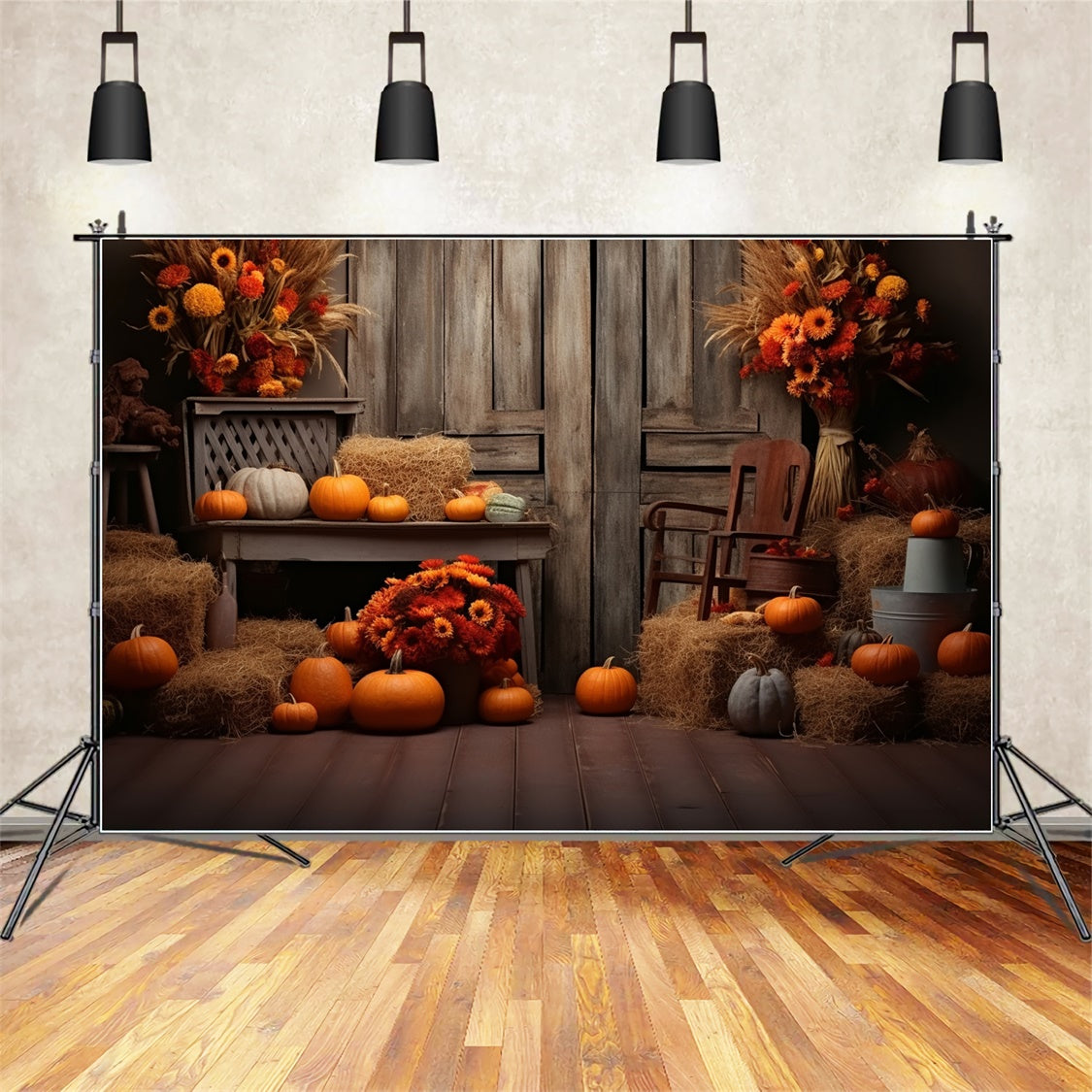 Autumn Pumpkin Barn with Wood Door Backdrop UK BRP7-78