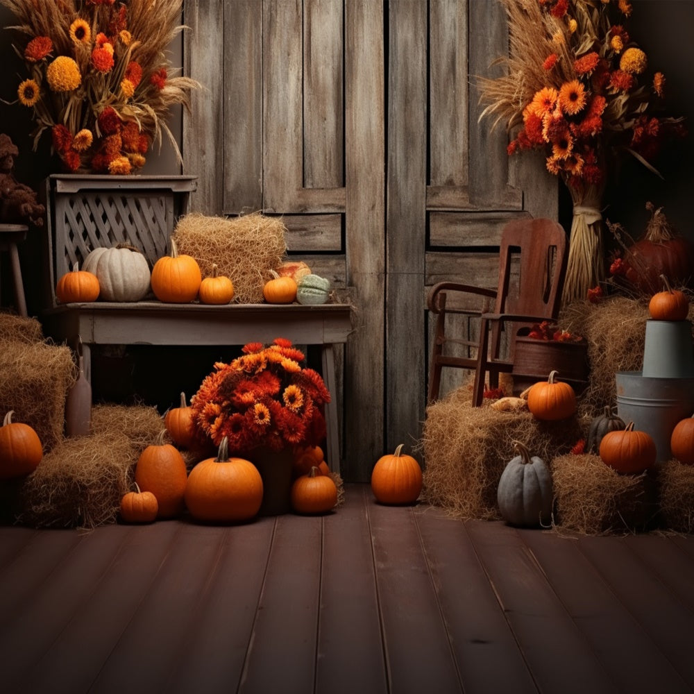 Autumn Pumpkin Barn with Wood Door Backdrop UK BRP7-78