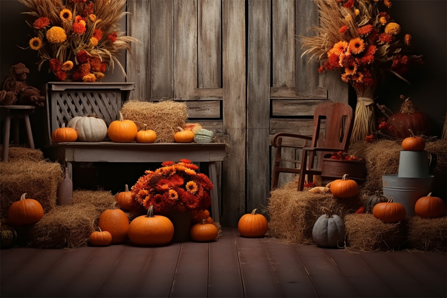 Autumn Pumpkin Barn with Wood Door Backdrop UK BRP7-78